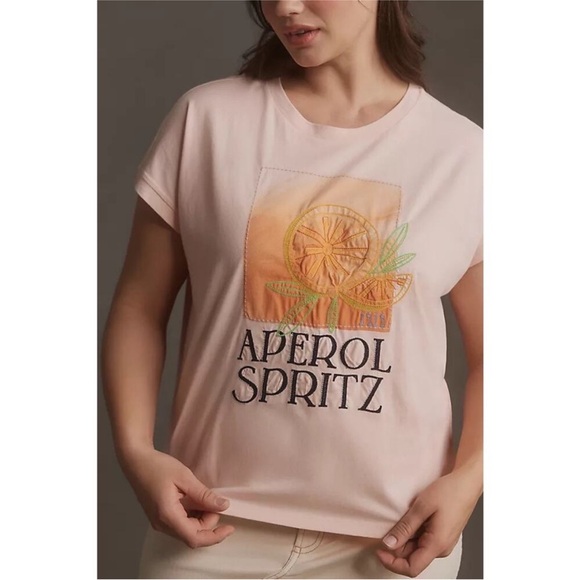 Anthropologie Aperol Spritz Embroidered Graphic Tee | Medium - Picture 2 of 8